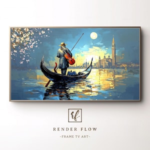 May include: A framed art print depicts a gondolier playing a violin in a gondola on a moonlit canal. The artwork features a warm color palette with a cityscape in the background. The print is labeled "RENDER FLOW - FRAME TV ART."