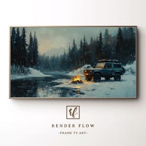 Puede incluir: Una impresión artística enmarcada representa un paisaje invernal con un SUV verde azulado estacionado cerca de una fogata. La nieve cubre el suelo y un río atraviesa la escena. La obra de arte está enmarcada en un marco dorado. El texto "RENDER FLOW - FRAME TV ART -" está en la parte inferior.