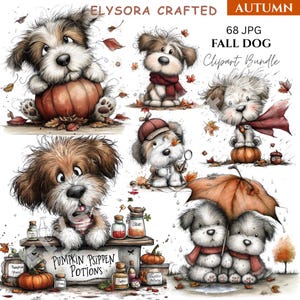 Puede incluir: Un paquete de imágenes prediseñadas digitales titulado ELYSORA CRAFTED AUTUMN FALL DOG 68 JPG con ilustraciones de perros peludos con calabazas, hojas de otoño, bufandas, sombreros y un paraguas, con el texto PUMPKIN PSIPPEN POTIONS en un letrero.