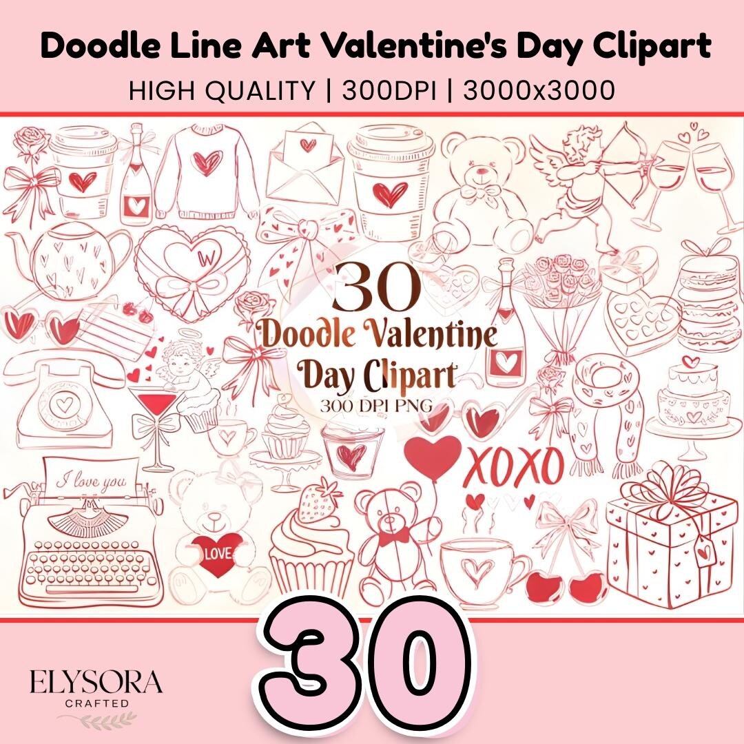 Doodle Line Art Valentine PNG Clipart Bundle, Minimal Hand Drawn Love ...