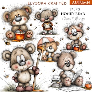 Könnte beinhalten: Ein digitales Clipart-Paket mit fünf Illustrationen von braunen Teddybären mit Honigtöpfen, Bienen und Büchern. Der Text lautet ELYSORA CRAFTED, AUTUMN, 37 JPG und HONEY BEAR Clipart Bundle. Die Bären haben flauschiges Fell und runde Ohren.