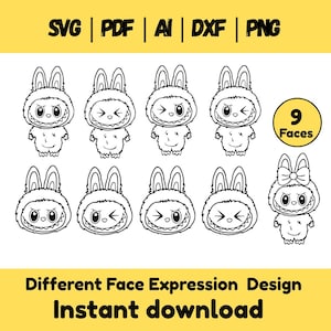 May include: Black and white cartoon illustrations of bunny-like characters with various facial expressions. The image includes the text "SVG | PDF | AI | DXF | PNG", "9 Faces", "Different Face Expression Design", and "Instant download".