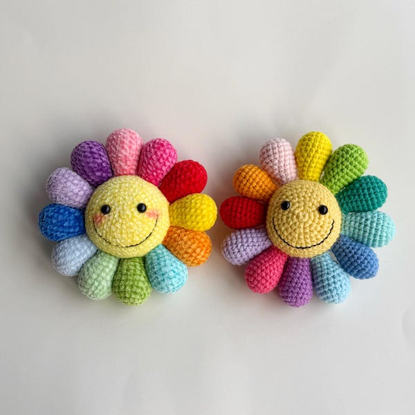 Handmade Crochet Rainbow Sunflower 4.2'' in Diameter : Smiley Face  Bag Charm Car Mirror Charm
