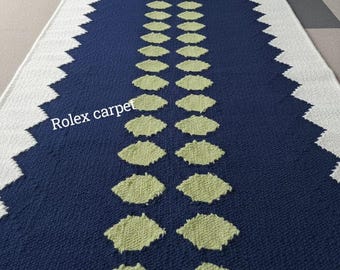 Handwoven Wool Kilim Runner Rug | Green & Blue Boho Home Decor