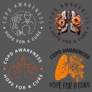 Puede incluir: Cuatro diseños sobre un fondo gris que promueven la concienciación sobre la EPOC. Los diseños incluyen el texto "Concienciación sobre la EPOC" y "Esperanza de una cura". Un diseño presenta un diagrama de pulmones con flores naranjas.
