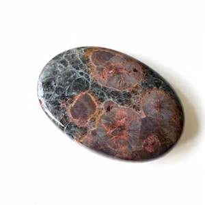 May include: Oval-shaped polished stone with a mix of colors. The stone features a dark gray base with reddish-brown and tan circular patterns. The surface has a glossy finish, highlighting the natural variations in the stone's texture and color.