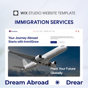 以下が含まれることがあります： ImmiGrowという移民サービス向けのWix Studioウェブサイトテンプレート。白い背景、ナビゲーションメニュー、青い空を背景に飛行する白い飛行機の大きな画像が特徴で、Plant Your Future Globallyというテキストが表示されています。