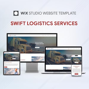 Puede incluir: Una plantilla de sitio web de Wix Studio para Swift Logistics Services se muestra en un monitor de escritorio, una computadora portátil, una tableta y un teléfono inteligente. El sitio web presenta un gráfico de camión amarillo y el texto "Servicios de logística eficientes y confiables."