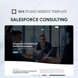 以下が含まれることがあります： Salesforceコンサルティング向けのWix Studioウェブサイトテンプレート。ダークテーマのヒーローセクションにはビジネス会議の写真があり、「Salesforce Consulting for Modern Businesses」というテキストと「Driving Smarter Salesforce Solutions」というタイトルのセクションが含まれています。