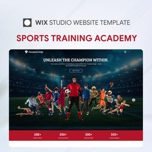 May include: A website template for a sports training academy. The design features a stadium background with athletes in action. Text includes "Unleash the Champion Within" and statistics like "10K+ Players Trained". The Wix Studio logo is at the top.