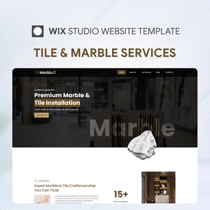 Może przedstawiać: Szablon strony internetowej Wix Studio prezentujący usługi związane z płytkami i marmurem. Projekt zawiera tekst "TILE & MARBLE SERVICES" i "Marblux". Strona wyświetla "Premium Marble & Tile Installation" i "Expert Marble & Tile Craftsmanship You Can Trust".