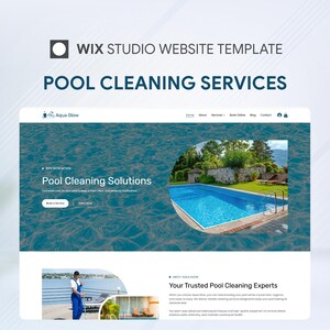 Peut inclure: Un modèle de site web Wix Studio pour des services de nettoyage de piscine intitulé Aqua Glow. La mise en page comprend une section héros avec une image de piscine, un menu de navigation et des sections de texte détaillant les solutions.