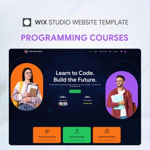 Peut inclure: Un modèle de site web Wix Studio pour des cours de programmation intitulé Code Path Academy. L'interface sombre affiche le texte Learn to Code. Build the Future, avec des sections pour l'apprentissage pratique, la carrière et le mentorat.