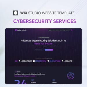 May include: A Wix Studio website template for cybersecurity services titled Cyber Intelix. The dark purple interface features white text, a navigation menu, and sections for business solutions, mission, and vision with graphic icons.
