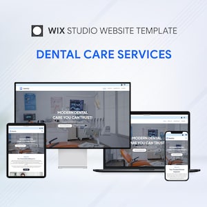 May include: A Wix Studio website template promoting dental care services. The image displays a desktop computer, laptop, tablet, and smartphone, each showcasing a website design with the text "MODERN DENTAL CARE YOU CAN TRUST!"