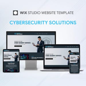 May include: A digital mockup showcasing a Wix Studio website template for cybersecurity solutions. The image displays a desktop computer, laptop, tablet, and smartphone, each displaying the website design. The text reads "Cybersecurity Solutions."