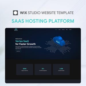 Könnte beinhalten: Eine Wix Studio Website-Vorlage für eine SaaS-Hosting-Plattform mit dem Titel Vertex SaaS for Faster Growth. Die dunkle Benutzeroberfläche zeigt ein blaues Cloud-Symbol, ein Navigationsmenü und Statistiken mit 280K Happy Customers, 28+ Countries Supported und 2.8M Domains Hosted.