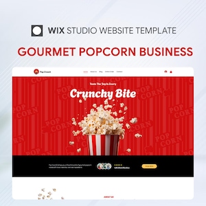 May include: A website template for a gourmet popcorn business. The design uses a red and white colour scheme with a popcorn graphic. Text includes "Crunchy Bite" and "Popcorn Business". The website is a Wix Studio template.