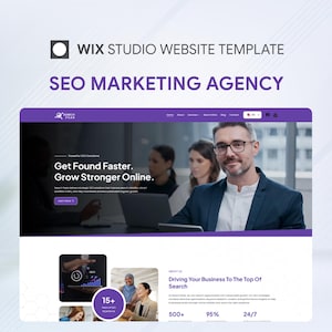 May include: A Wix Studio website template for an SEO marketing agency. The layout features a purple and white color scheme with text reading Wix Studio Website Template, SEO Marketing Agency, Get Found Faster, and Grow Stronger Online.