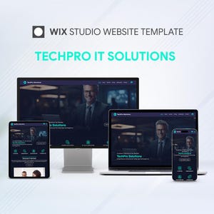 May include: A website template displayed on a desktop monitor, laptop, tablet, and smartphone. The website features a professional design with a man in a suit. The text "TechPro IT Solutions" is displayed in teal. The image also includes the text "Wix Studio Website Template."