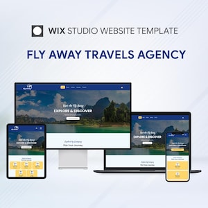 May include: A Wix Studio website template for Fly Away Travels Agency, shown on a desktop monitor, laptop, tablet, and smartphone. The website has a blue and white design with the text "Explore & Discover."