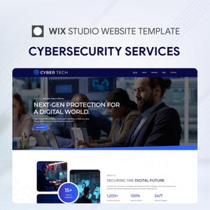 May include: A Wix Studio website template for cybersecurity services titled Cyber Tech. The layout features a hero section with the text Next-Gen Protection for a Digital World, followed by an About Us section with statistics on services.