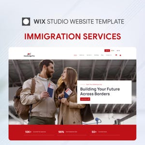 以下が含まれることがあります： Visa Bridge Proという移民サービス向けのWix Studioウェブサイトテンプレート。パスポートを持つ2人の画像、Building Your Future Across Bordersというテキスト、10K+の承認実績を示す統計情報がレイアウトされています。