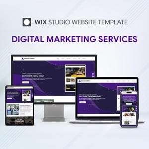 May include: A digital marketing services website template displayed on a desktop computer, laptop, tablet, and smartphone. The website design features a purple and white color scheme with the text "Wix Studio Website Template" and "Digital Marketing Services."