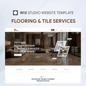 Op de afbeelding: Een Wix Studio website-sjabloon voor vloer- en tegelwerk met een afbeelding van een moderne woonkamer met marmeren vloeren. De tekst bevat Floro, Modern Designs & Durable Surfaces For Every Space, Discover More en Modern Tiles.