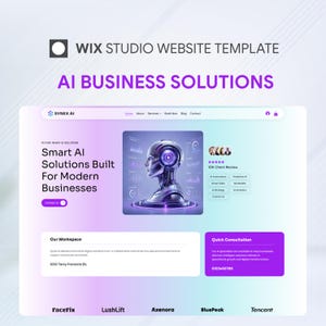 May include: A Wix Studio website template for AI business solutions featuring a gradient background, a central robotic head graphic, navigation menu, service list, client reviews, and a contact section with the text Synex AI and Smart AI Solutions.