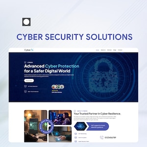 May include: A website design with the text "CYBER SECURITY SOLUTIONS" and "Advanced Cyber Protection for a Safer Digital World." The website features a lock graphic and information about cyber security services.