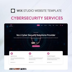 Könnte beinhalten: Eine Wix Studio Website-Vorlage für Cybersicherheitsdienste mit dunkler Benutzeroberfläche, einem zentralen Schild-Symbol, dem Text No.1 Cyber Security Solutions Provider und drei Servicebereichen für Anwendungs-, API- und Schwachstellenmanagement.