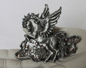 Pegasus w/Stars Brooch by JJ- Pewter- Pink Rhinestone Accents - Vintage