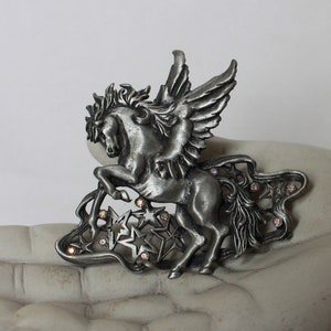 Pegasus w/Stars Brooch by JJ- Pewter- Pink Rhinestone Accents - Vintage