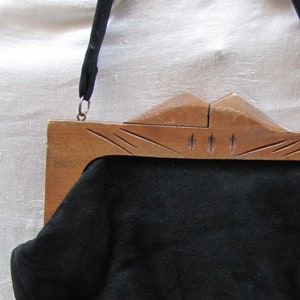 Vintage Art Deco like Clutch Bag, Black Felt with carved Wood Closure - 1970's