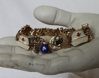 Vintage RED CROSS Nurse's Charm Bracelet, Gold tone, emameled