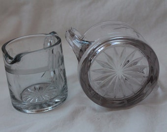 Crisp Heavy EAPG Flower Etched Clear Glass Creamer and Sugar Set; boxy lines