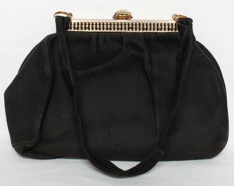 1950s  Gorgeous soft black Suede Evening Bag with unique clasp by Leather School Florence