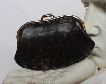 1940's Gothic Black Leather Coin Purse, black acetate lining, Lip Clasp