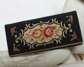 Antique Petite Point Embroidered  Floral Card Receiver/Compact Mirror by Golden Seal Germany