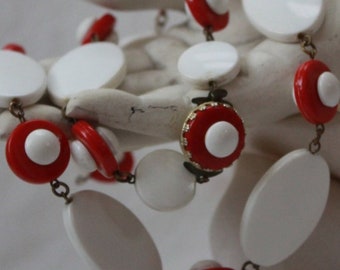 Mod - 1950's Red, White, and brass Necklace, West Germany Vintage, 30"