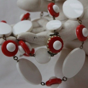 Mod Avant-garde - 195&#39;s Red, White, and brass Necklace, West Germany Vintage, 30&quot;