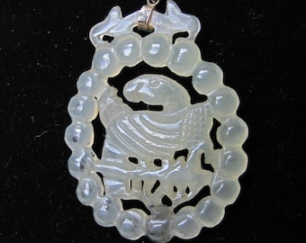 Jadeite Medallion Bird Pendant, Translucent Soft Green Celadon-Jadeite, Sterling Chain, large size