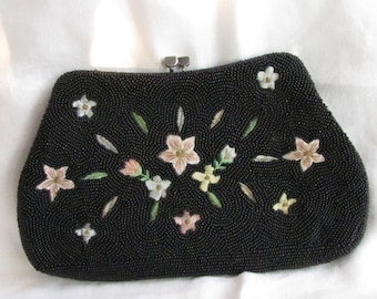 Lintons Clutch; Black Beaded Petit Point Pink Flowers //  Handmade Japan