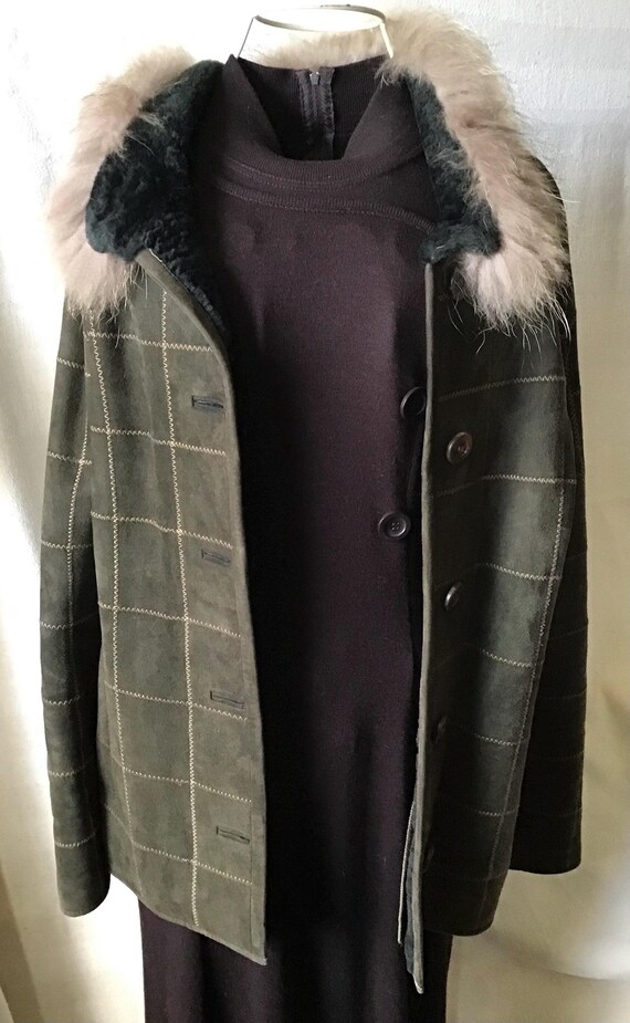 Green Patchwork Shearling Jacket, Fox Trim Collar… - image 3