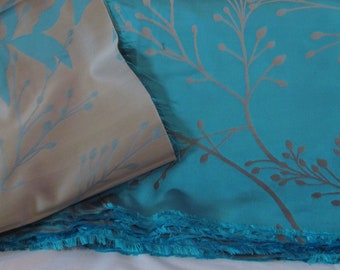 Vintage 1960's Blue and Tan Reversible Satin; Asian Branches - Destash