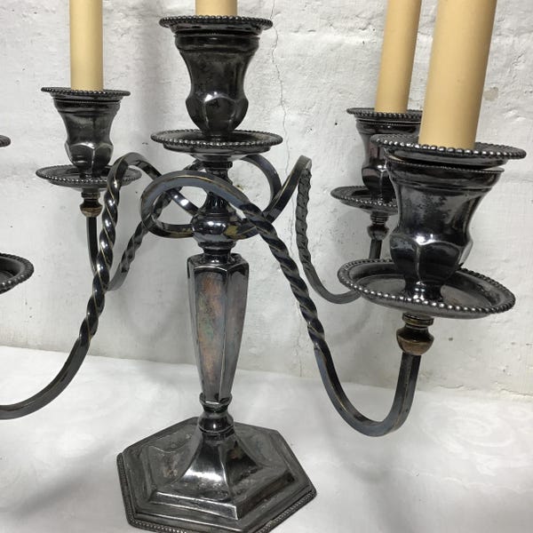 4-Arm Silver Candelabra by E.G. Webster: 5 candles, Beaded Bobeches, Antique Silver