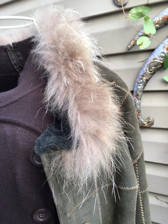 Green Patchwork Shearling Jacket, Fox Trim Collar… - image 8