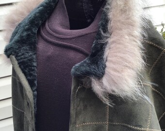Green Patchwork Shearling Jacket, Fox Trim Collar, Suede Covered Buttons Size M-L