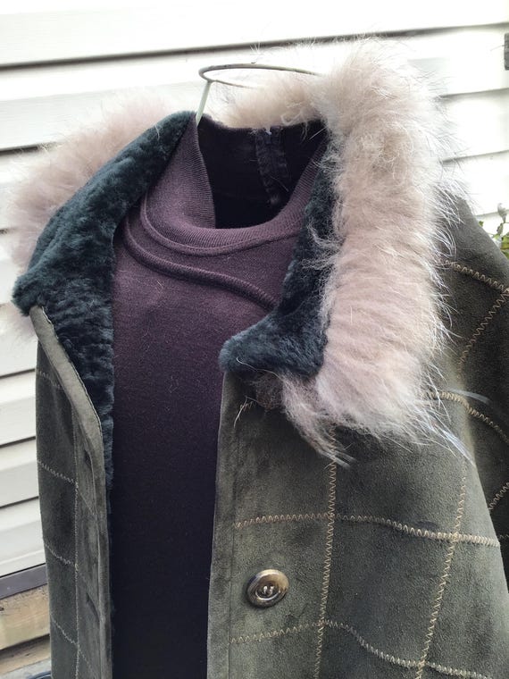 Green Patchwork Shearling Jacket, Fox Trim Collar… - image 1